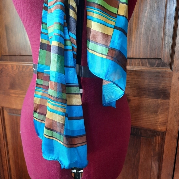 Vintage satin metallic blue brown print mod scarf - Picture 3 of 8